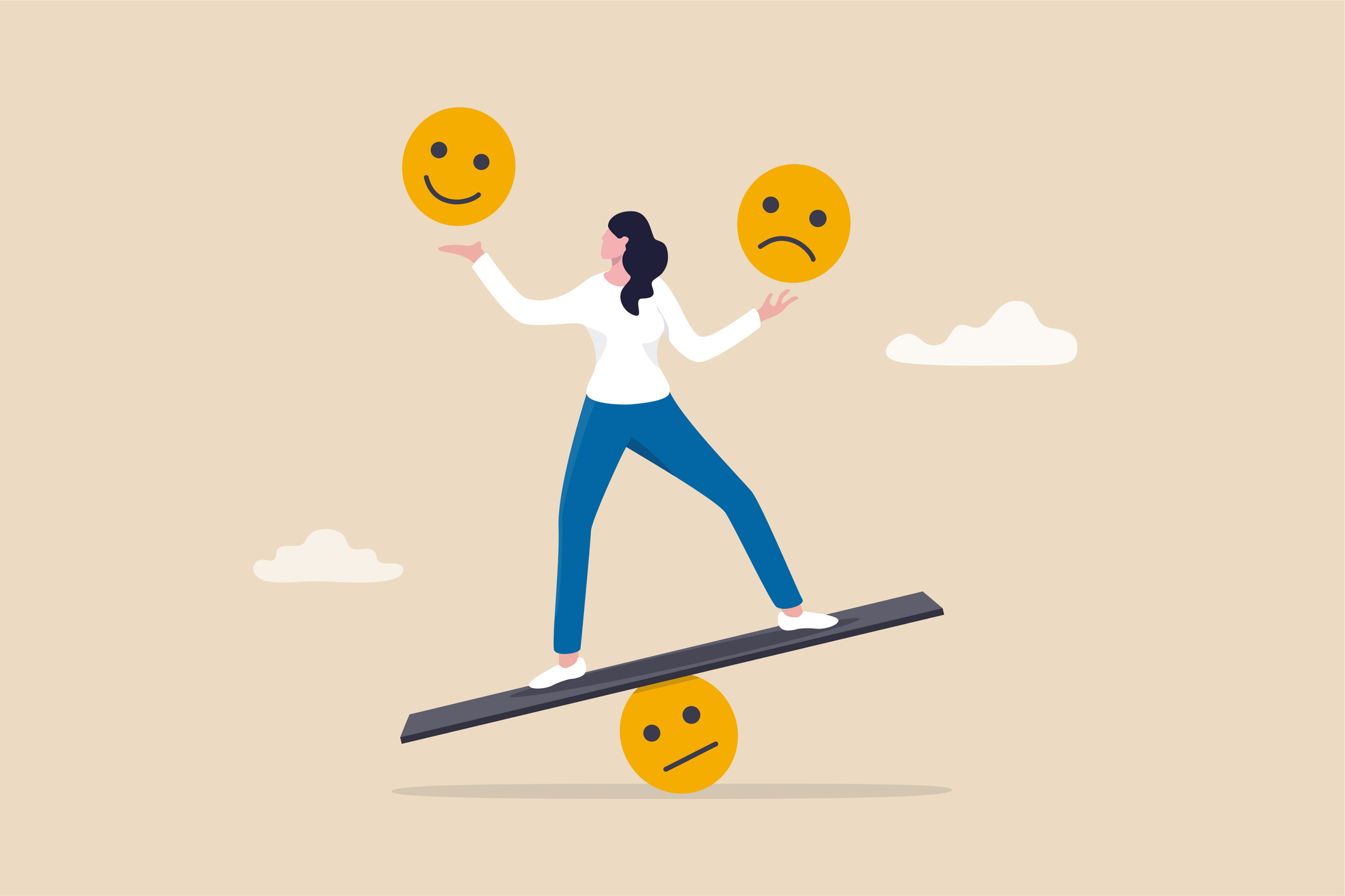 Stock Graphic of a Woman Figure Balancing on a Ball and Holding a Smiling Face in One Hand and A Sad Face in the Other Hand