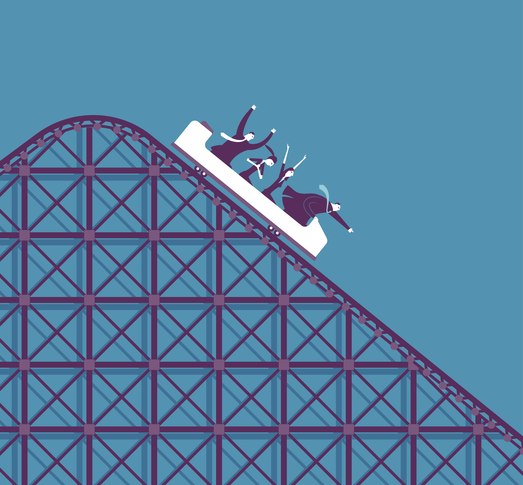 Stock Grphic of a Roller Coaster Going Down the Slope. Four Figures Are in The Coaster In Suits and Waving Their Arms