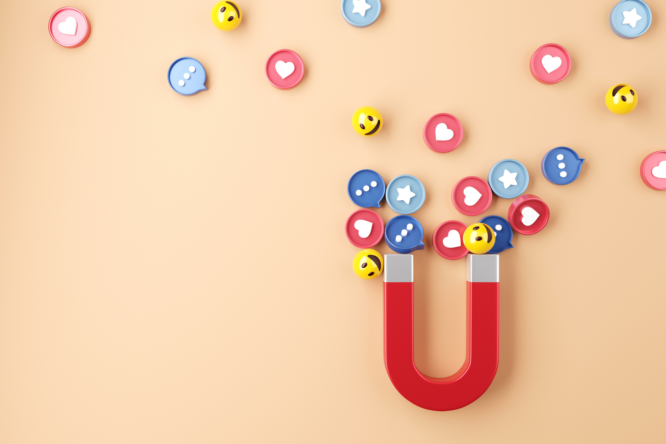 Stock Image Graphic of U-shaped Magnet Attracting Small Social Media Heart Comment and Smiling Buttons