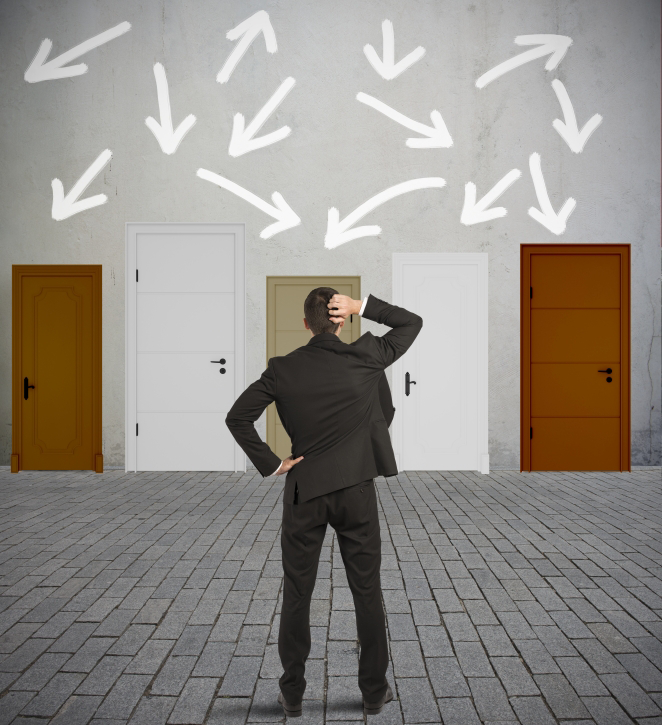 Stock graphic of a man trying to make a decision