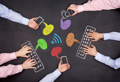 Stock graphic of mobile devices and speech bubbles over each