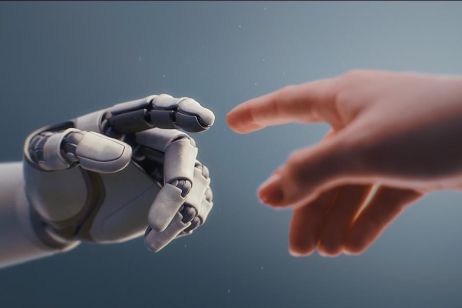 stock image of robot hand and human hand reaching toward each other